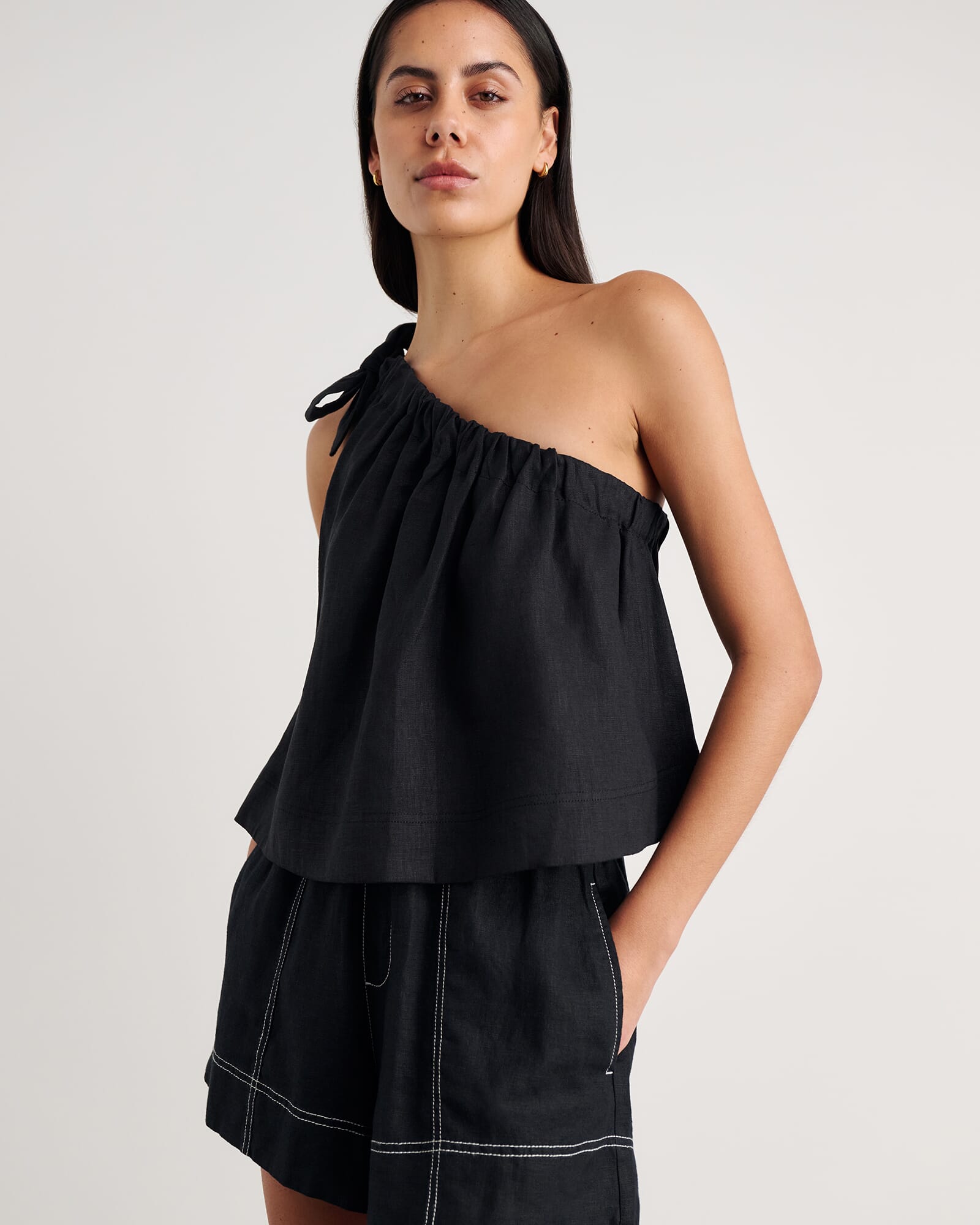 JAG ariel one shoulder linen top black