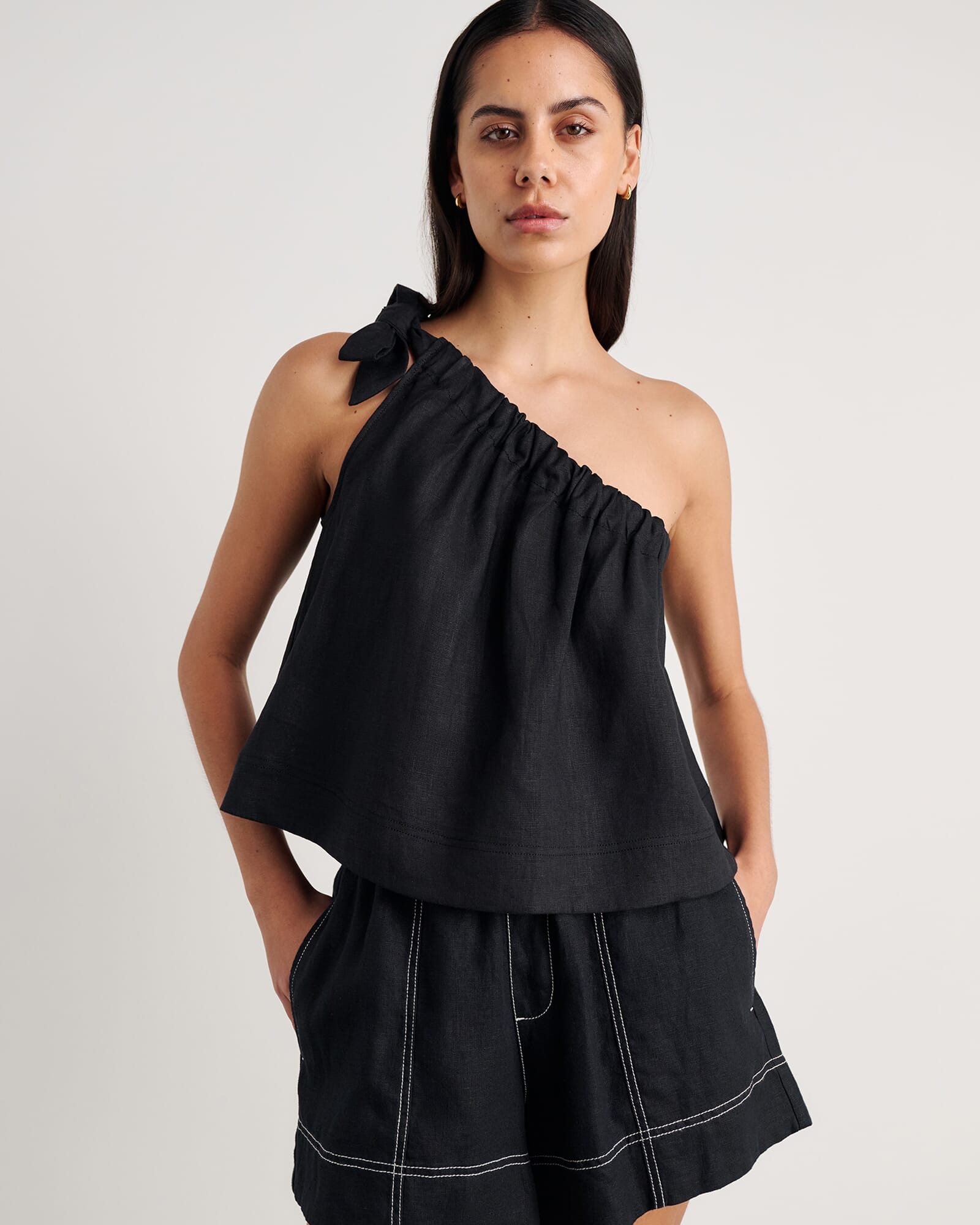 JAG ariel one shoulder linen top black
