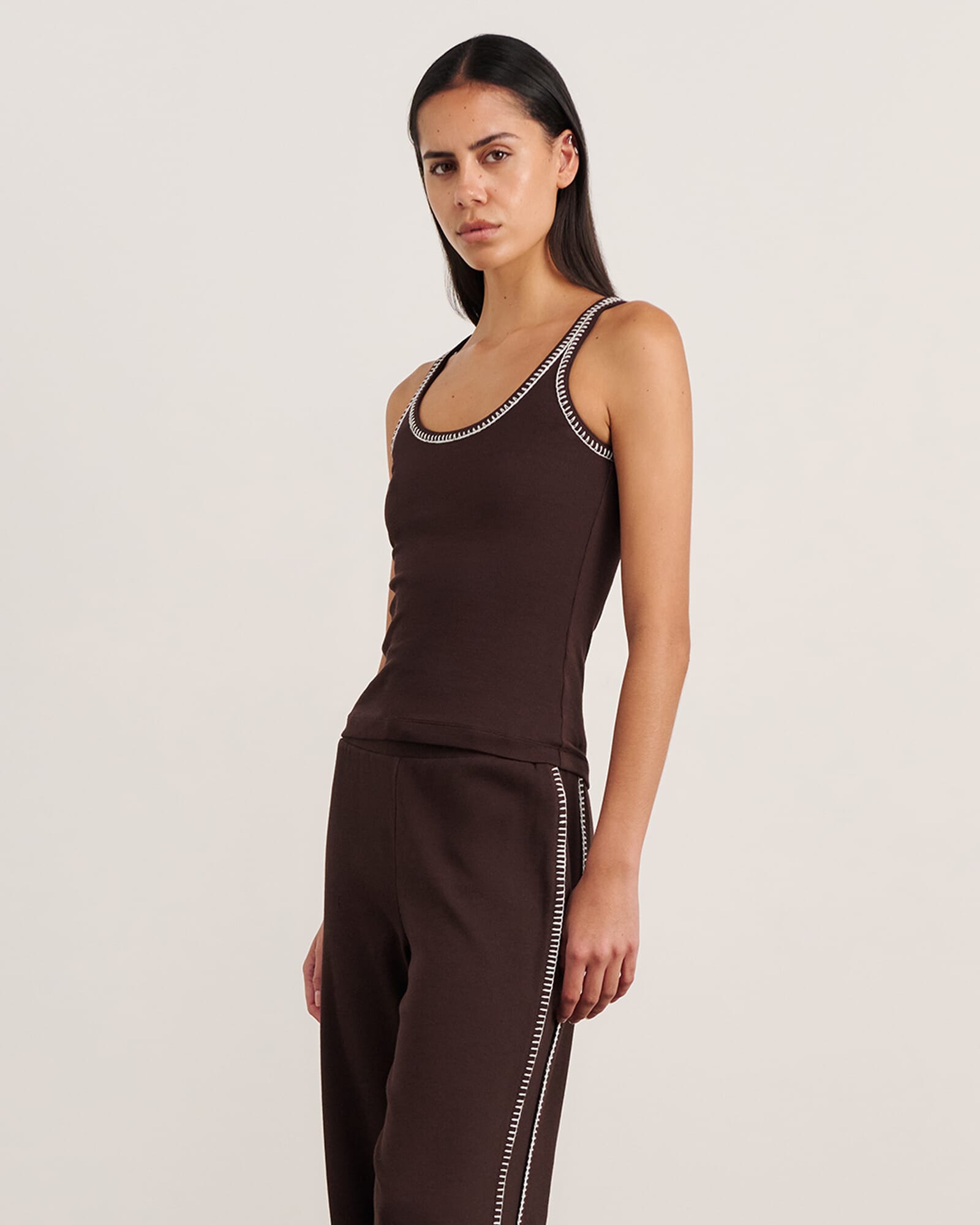 JAG celina blanket stitch tank darkchocolate