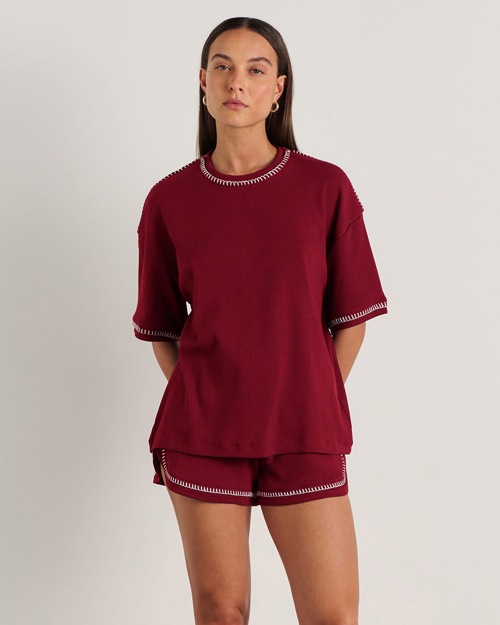 JAG celina blanket stitch tee burgundy