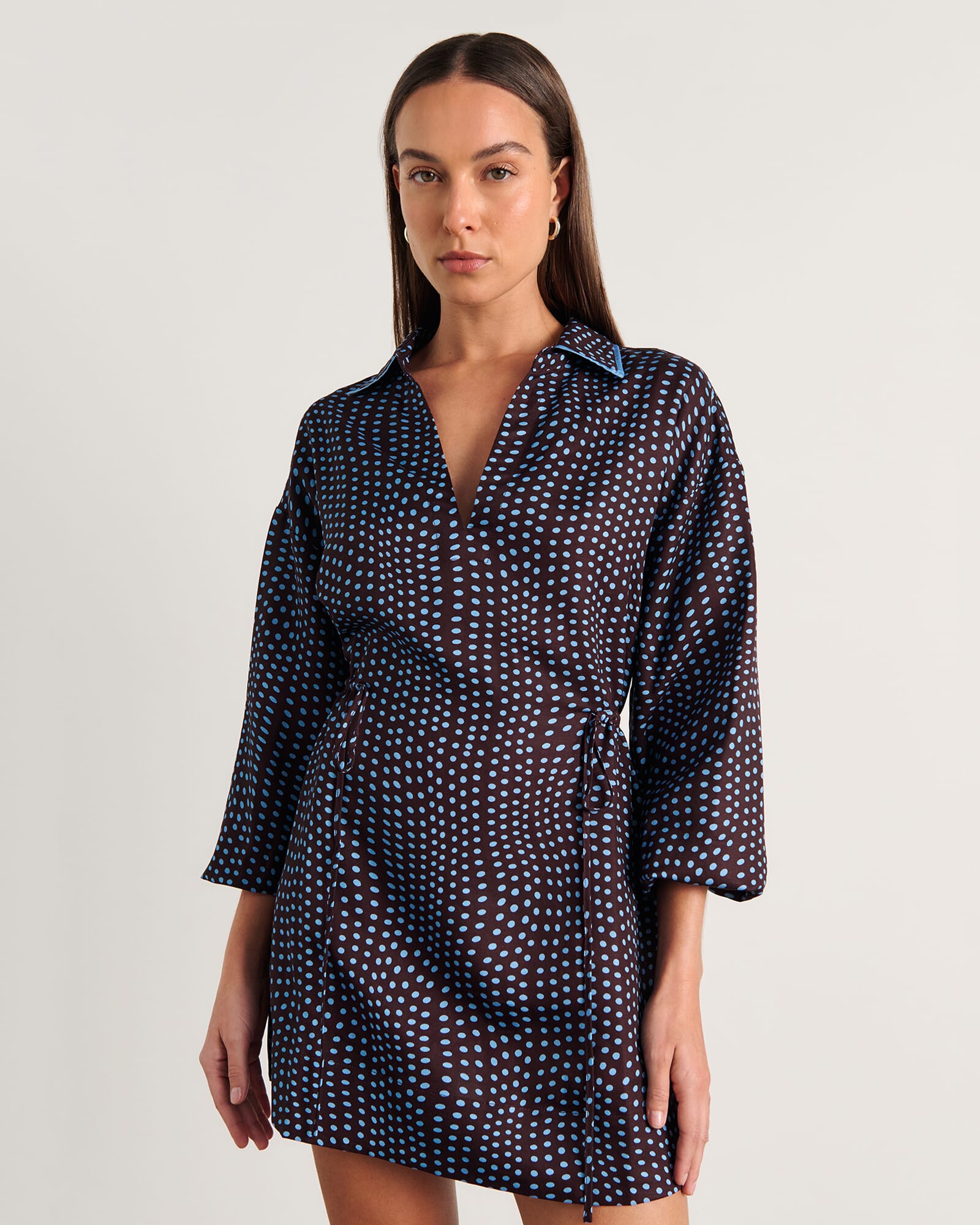 JAG ania spot long sleeve dress brownmulti