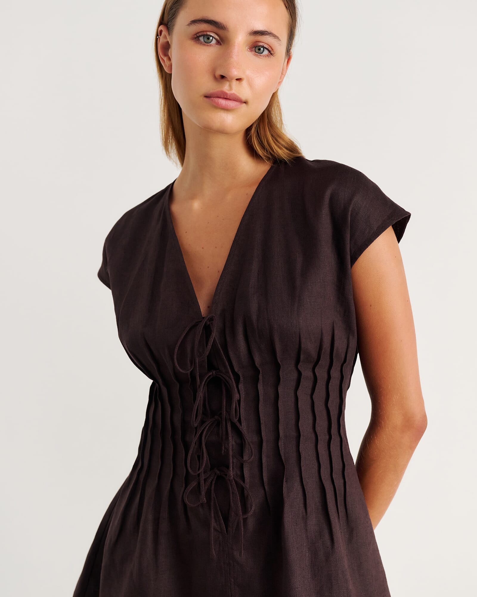 JAG delphine pintuck linen mini dress darkchocolate