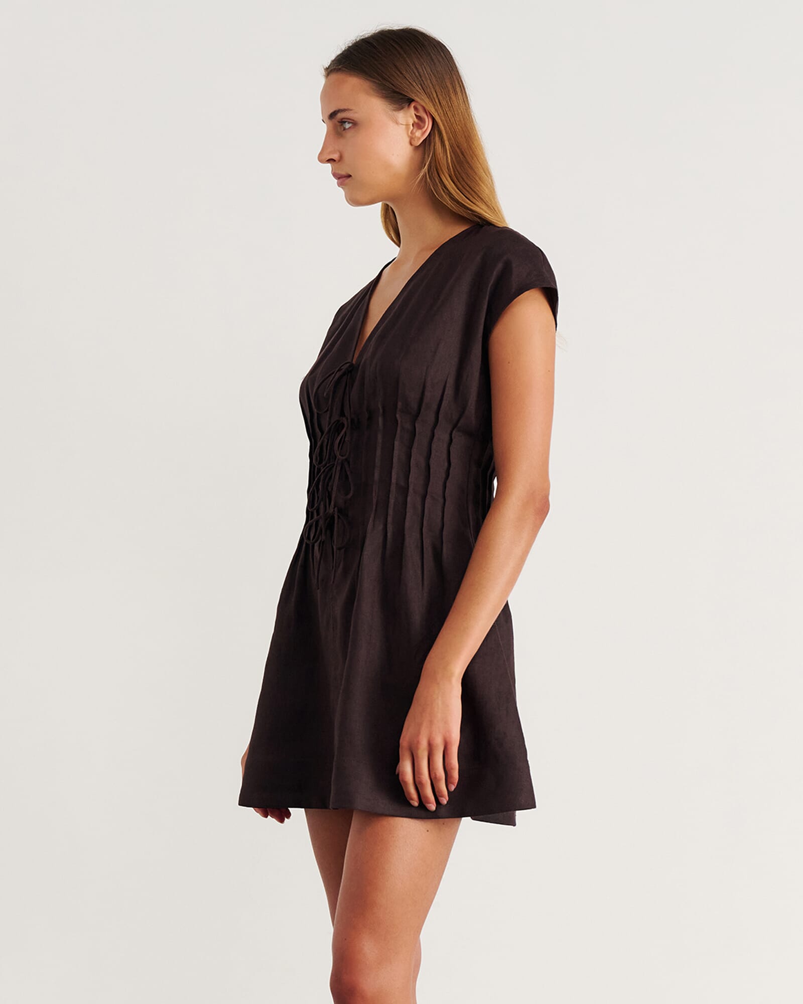 JAG delphine pintuck linen mini dress darkchocolate