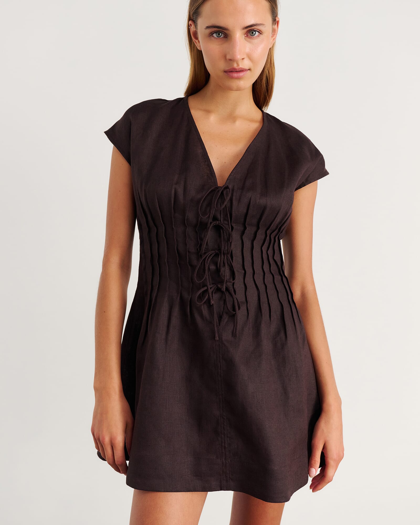 JAG delphine pintuck linen mini dress darkchocolate