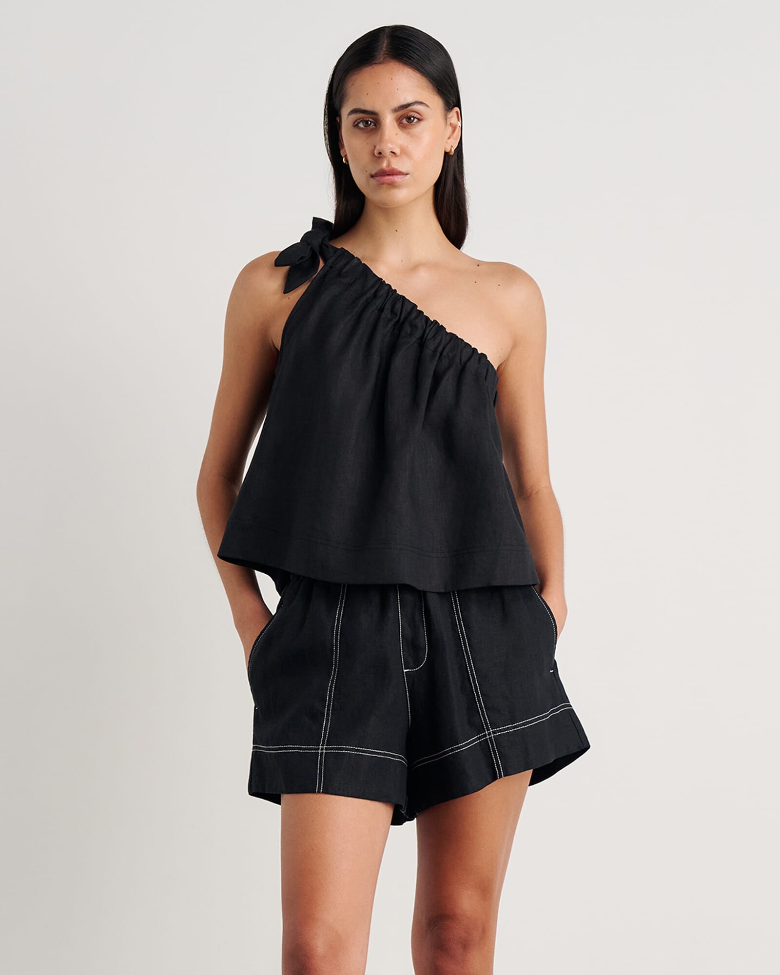 JAG ariel one shoulder linen top black