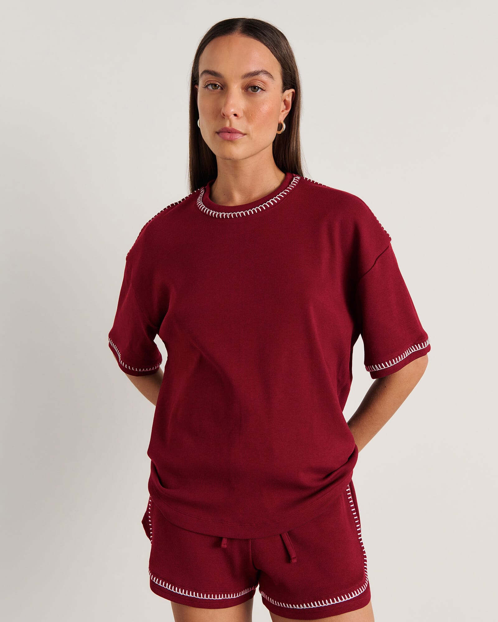 JAG celina blanket stitch tee burgundy