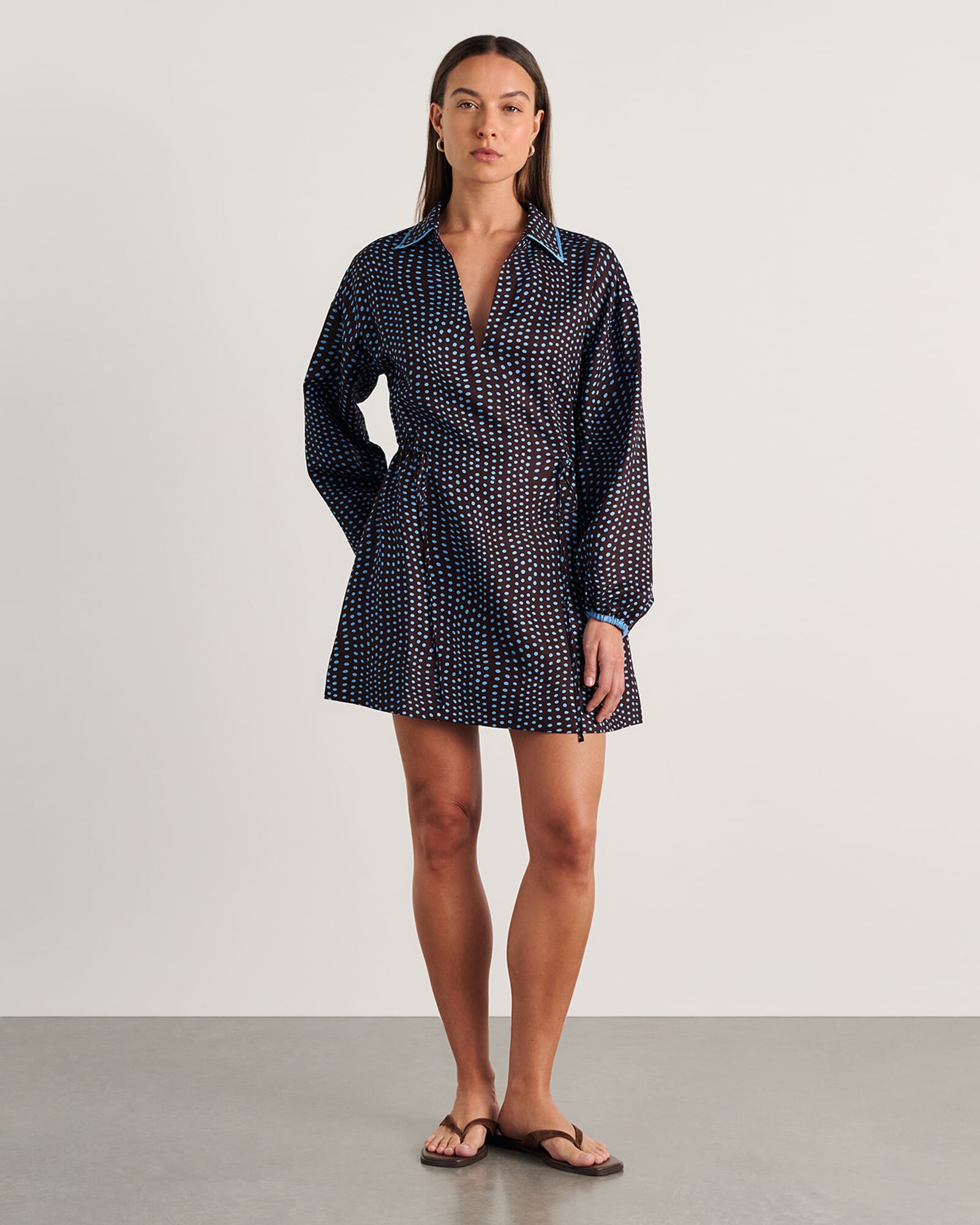 JAG ania spot long sleeve dress brownmulti