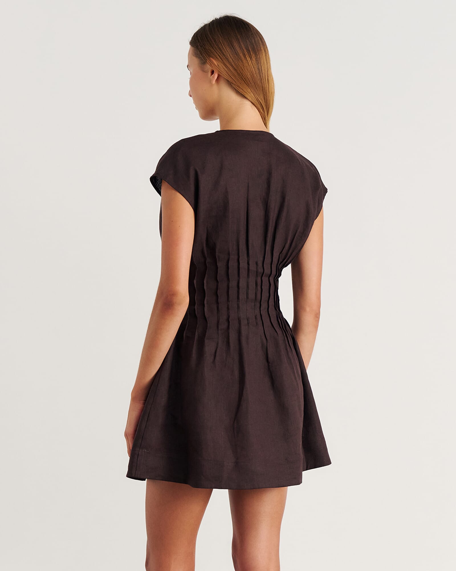 JAG delphine pintuck linen mini dress darkchocolate